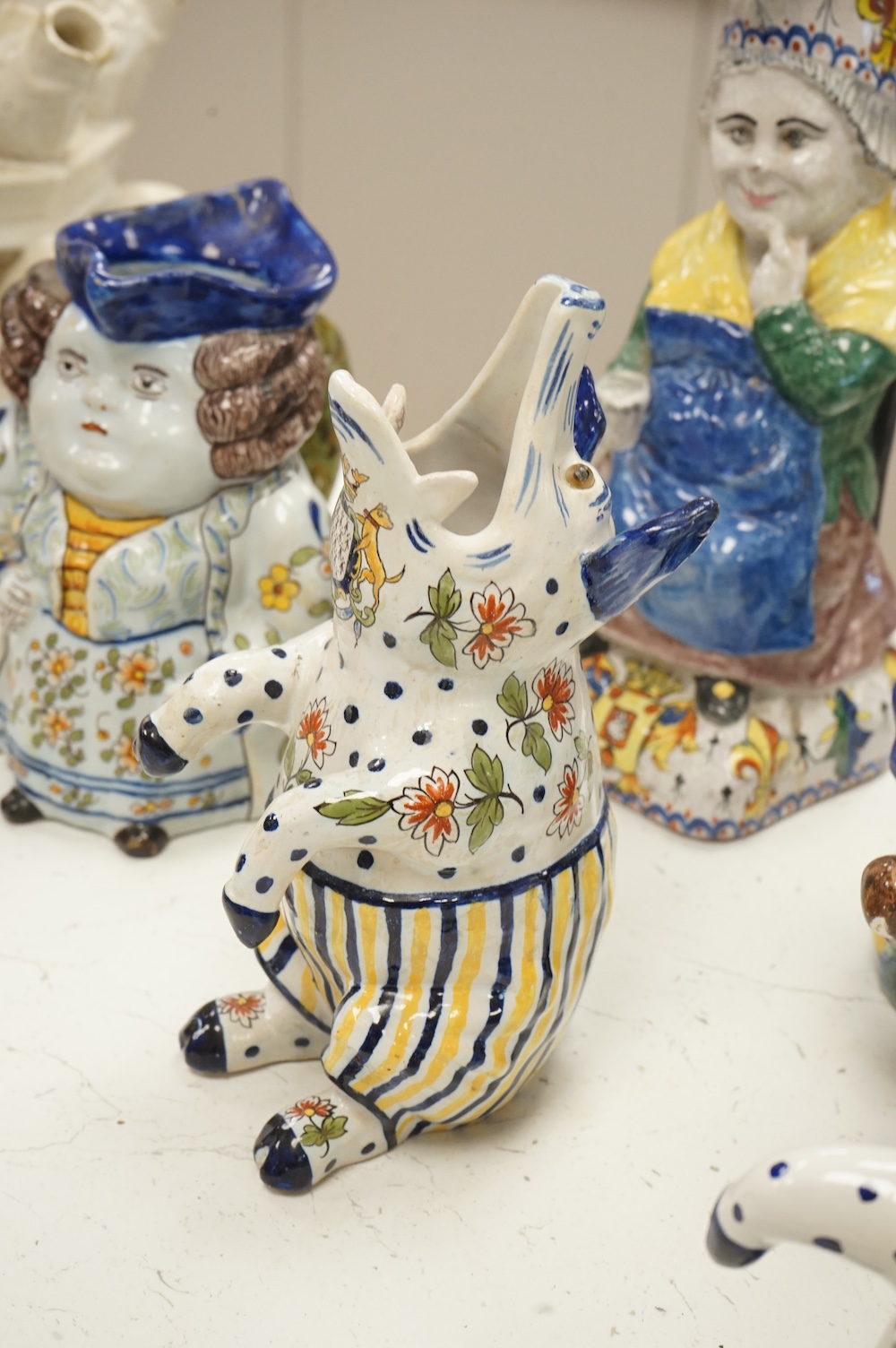A group of five pieces of French tin glazed pottery, tallest 32cm